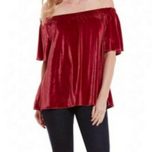 Chelsea & Theodore Tops - Chelsea & Theodore Red Velvet Off Shoulder Swing Top Blouse  Womens Size Large
